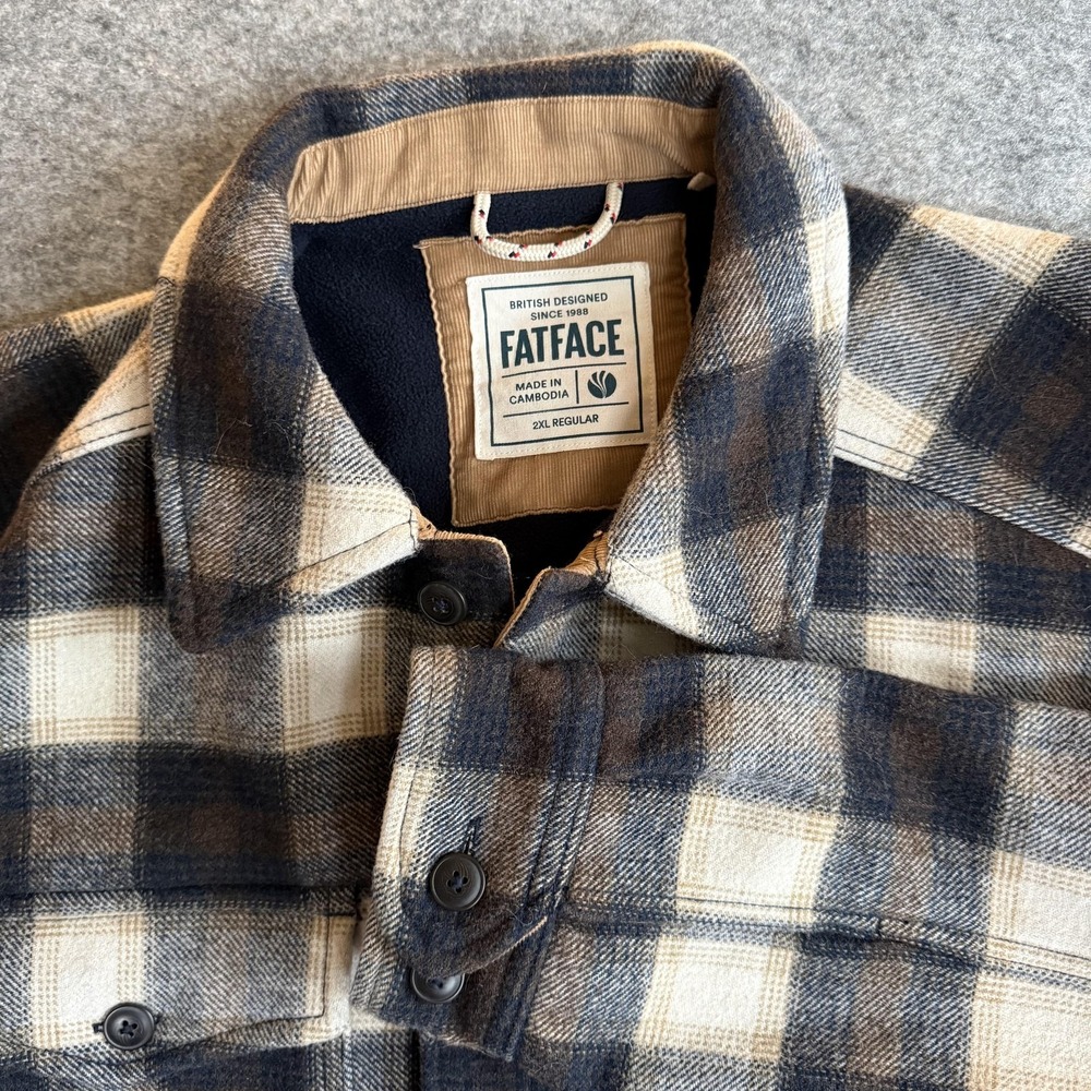 FatFace Jacket Mens 2XL Brown Plaid Wool Blend Fleece Lined Shacket Outdoor
